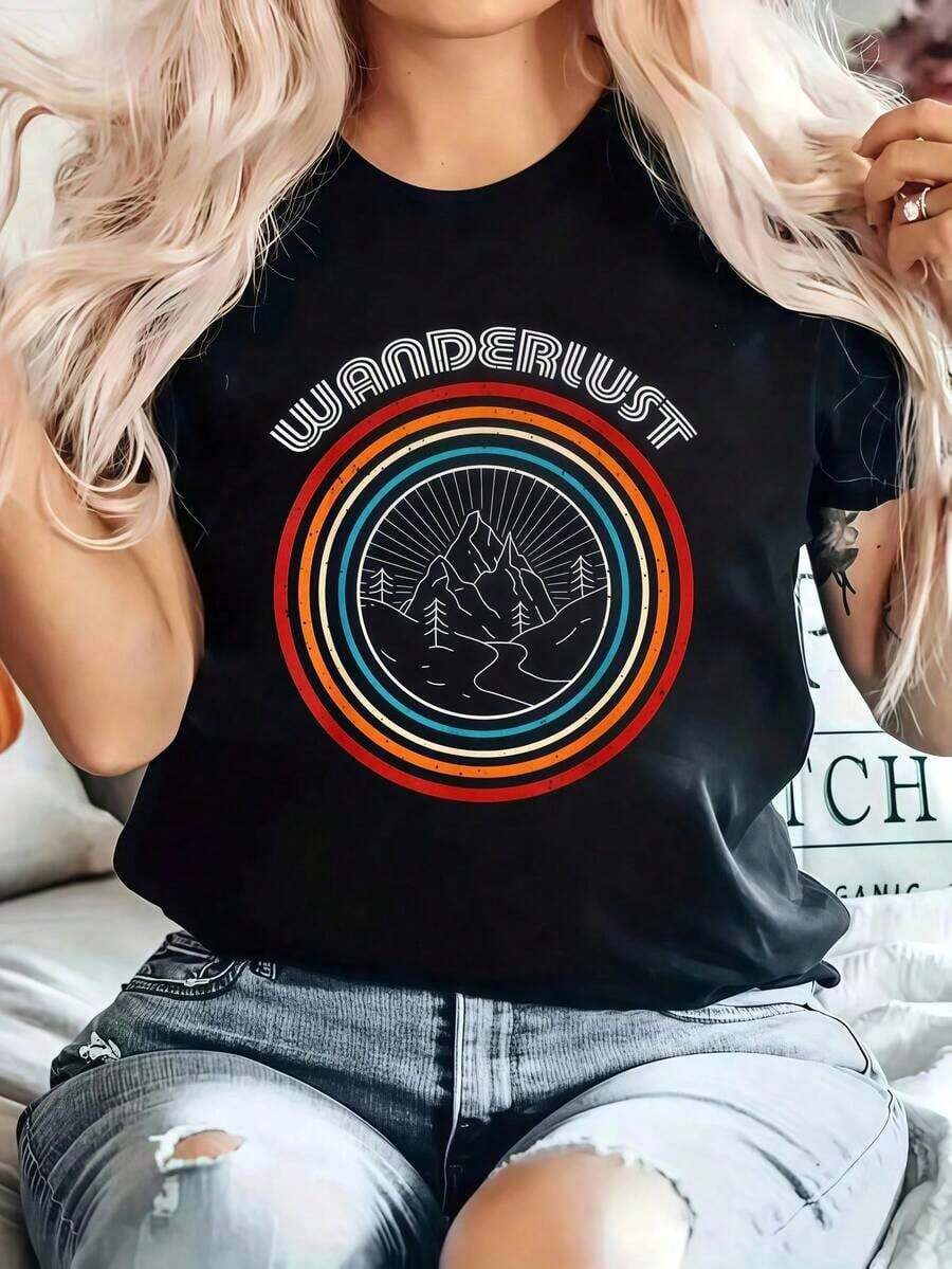 [Envío] Nuevo Conjunto de Otoño para Mujer, Ropa Vintage Retro para Mujer, Camiseta Divertida para Excursionistas, Transpirable y de Ajuste Cómodo, Camisetas Gráficas de Algodón para Mujer, Estilo Urbano, Ropa de Verano y Navidad para Mujer, Camisetas Oversize para Mujer - Negro - Ver 1