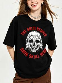 Camiseta de manga corta con cuello redondo suave y casual para mujer de verano |   LA SIERNA, CABEZA DE CALAVERA OSCURA, Capucha, Esqueleto | Tops para salir, Estilo callejero europeo y americano, Casual deportivo, Estilo unisex, Estilo casual urbano, Tops bonitos, Generación Z, Curvas, Ropa Y2K, Camisetas divertidas, Tops de mujer, Conjuntos de vacaciones para mujer, Top lindo, Camiseta gráfica, Conjuntos de primavera, Camisetas holgadas, Ropa urbana retro, Estilo de los 90, Estilo de los 2000, Subcultura, Top negro, Tops blancos, Conjunto de fiesta de los 90. - Negro - Ver 4