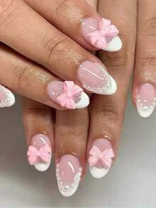 24pcs Short Oval Pink Bow Pearl Design White French Acrylic Nail Tips, Suitable For Women And Girls Daily Wear And Party Use, Includes 1 Bottle Of Glue And 1 Nail File, French Manicure Nail Tips Nails - Multicolor - View 1