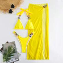 Nuevo traje de baño de tres piezas con falda larga de malla y diamantes brillantes de color sólido. - Amarillo - Ver 6