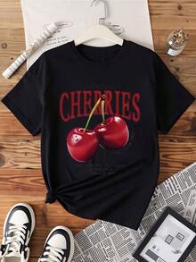 Casual T-shirtCherries Aric Eden Valentine T-Shirt Women Casual Short Sleeve Graphic Tee Fruit Print Top Cute Summer Outfit Fashion Shirt100% CottonDurable - Negro - Ver 3