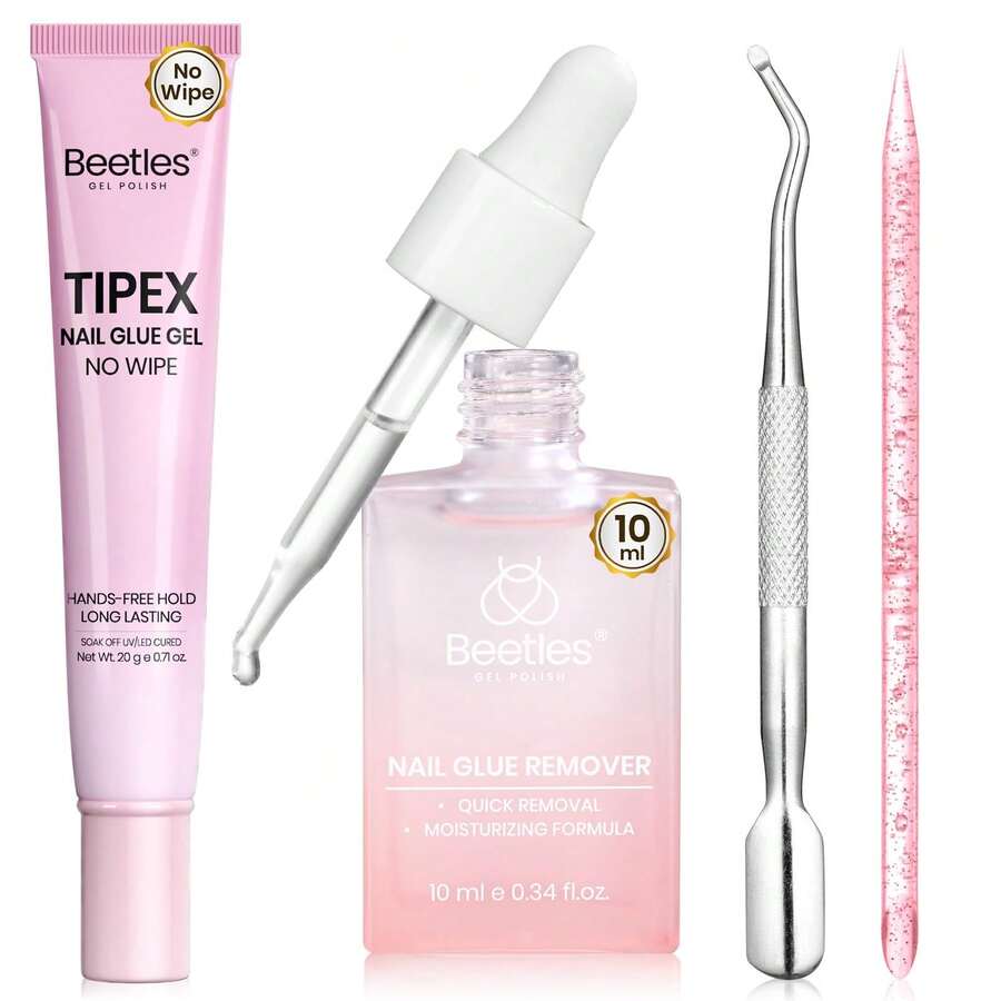 Beetles 20g No Wipe Hands-Free Gel Nail Glue & Remover Kit, 10ml Nail Remover With Nail Tools, Gentle Formula For Tipex Soft Gel Nail Tips Clear Press On Nails Gift For Women - 20g Gel Nail Glue & 10Ml Remover Kit - 查看 1