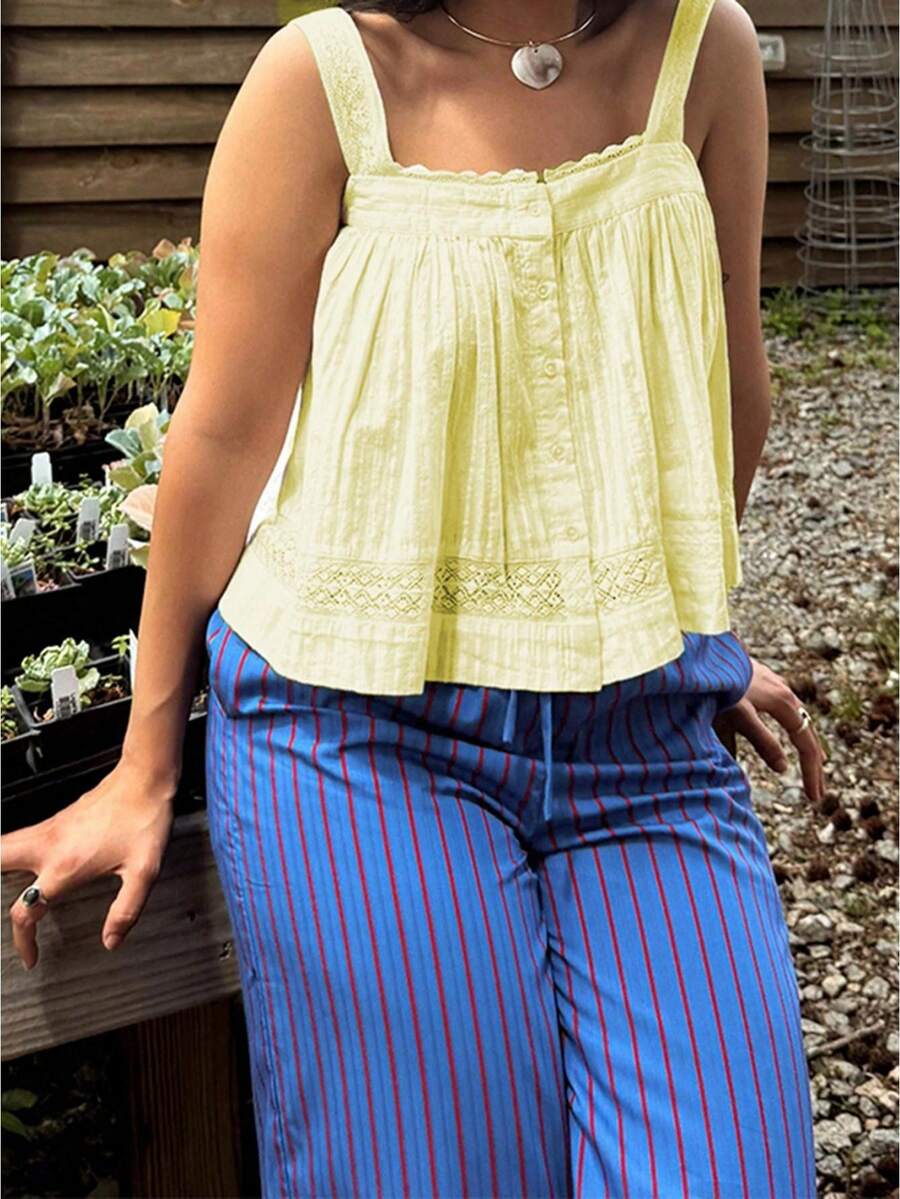 Women Camisole, Sleeveless Tops Lace Trim Button Closure Loose Summer Vest for Party Club - Amarillo - Ver 1