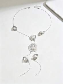 1pc Women's Adjustable Hammered Baroque Pearl Long Necklace, Bohemian Resort Style, Multi-Layer Pendant Design, Suitable For Deep V Neckline, Beach Party Outfit - Silver - View 3