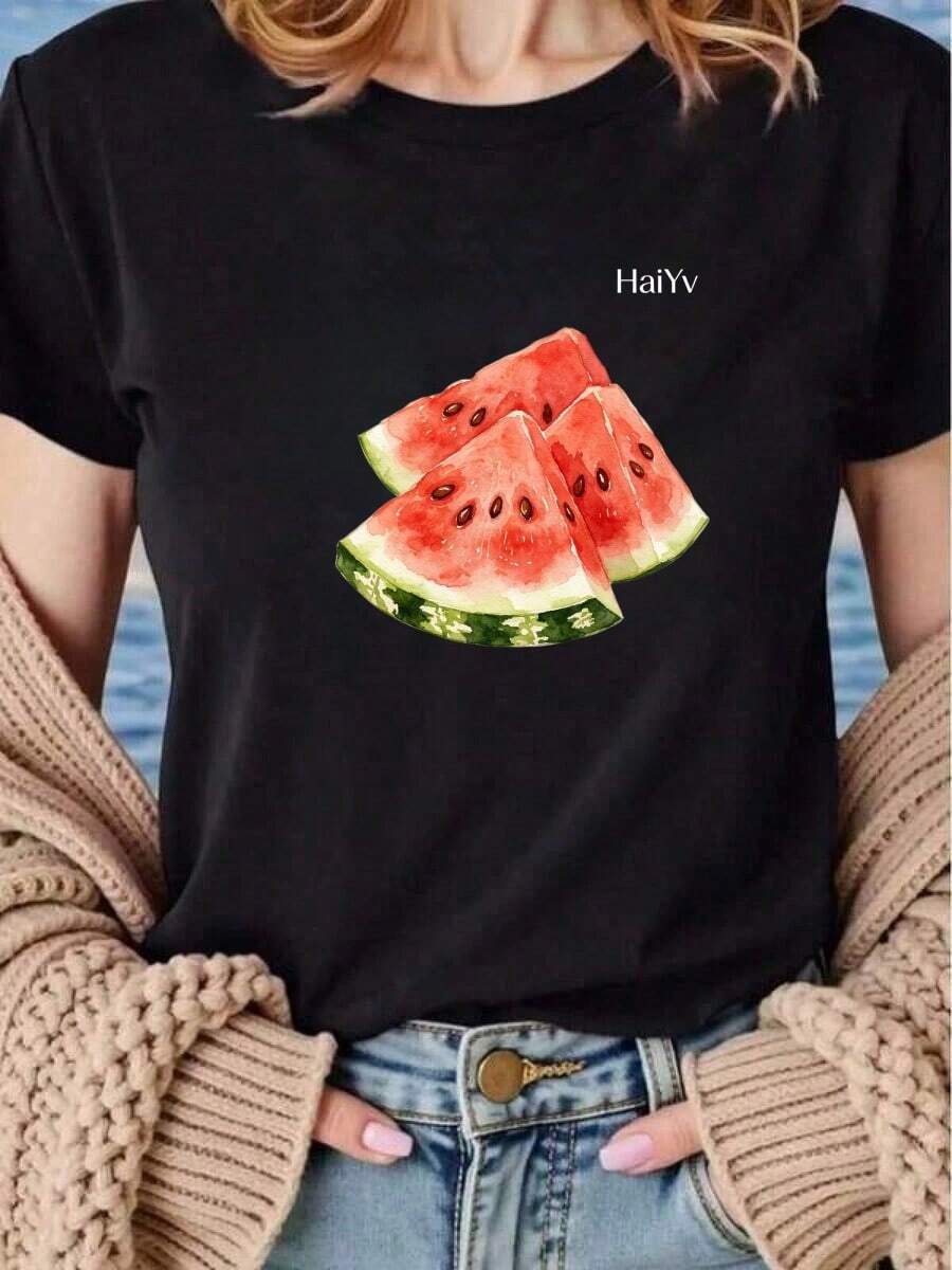 Oferta por tiempo limitado, cantidad limitada disponible, relámpago, camisas de mujer, camisetas de mujerPlayera Casual Negra de Mujer con Estampado Frutal de Sandía en Acuarela, Camiseta Manga Corta Cuello Redondo, Moda Verano 2026, Ropa Comoda para Salidas y Uso Diario - Negro - Ver 1