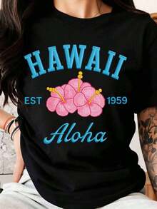 Women's T-Shirt With Hawaiian Aloha Flower Print Est. 1959, Hawaiian Style, For Summer Beach Vacation, 100% Pure Cotton - 黑色 - 查看 7