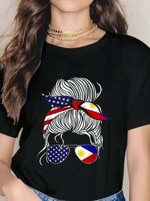 Camiseta de Mujer con Bandera Patriótica de Filipinas para Mujeres y Niñas - Negro - Ver 1