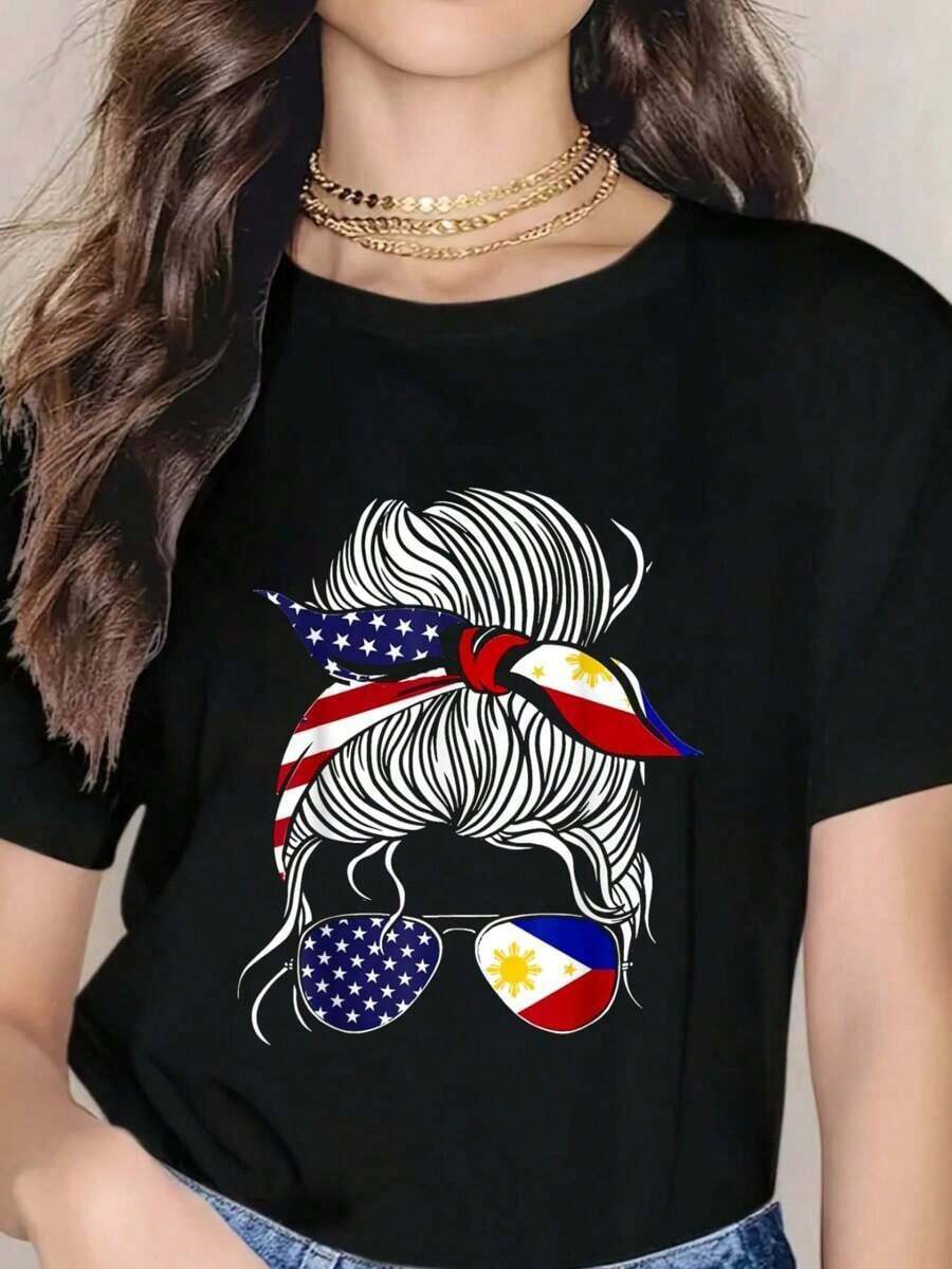 Camiseta de Mujer con Bandera Patriótica de Filipinas para Mujeres y Niñas - Negro - Ver 1