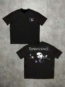 Camiseta de manga corta con estampado digital de doble cara de la banda Evanescence, 220g, 1 pieza, talla grande, para hombre, casual, 100% algodón, estilo gótico, con gráfico de música negra. - Negro - Ver 1