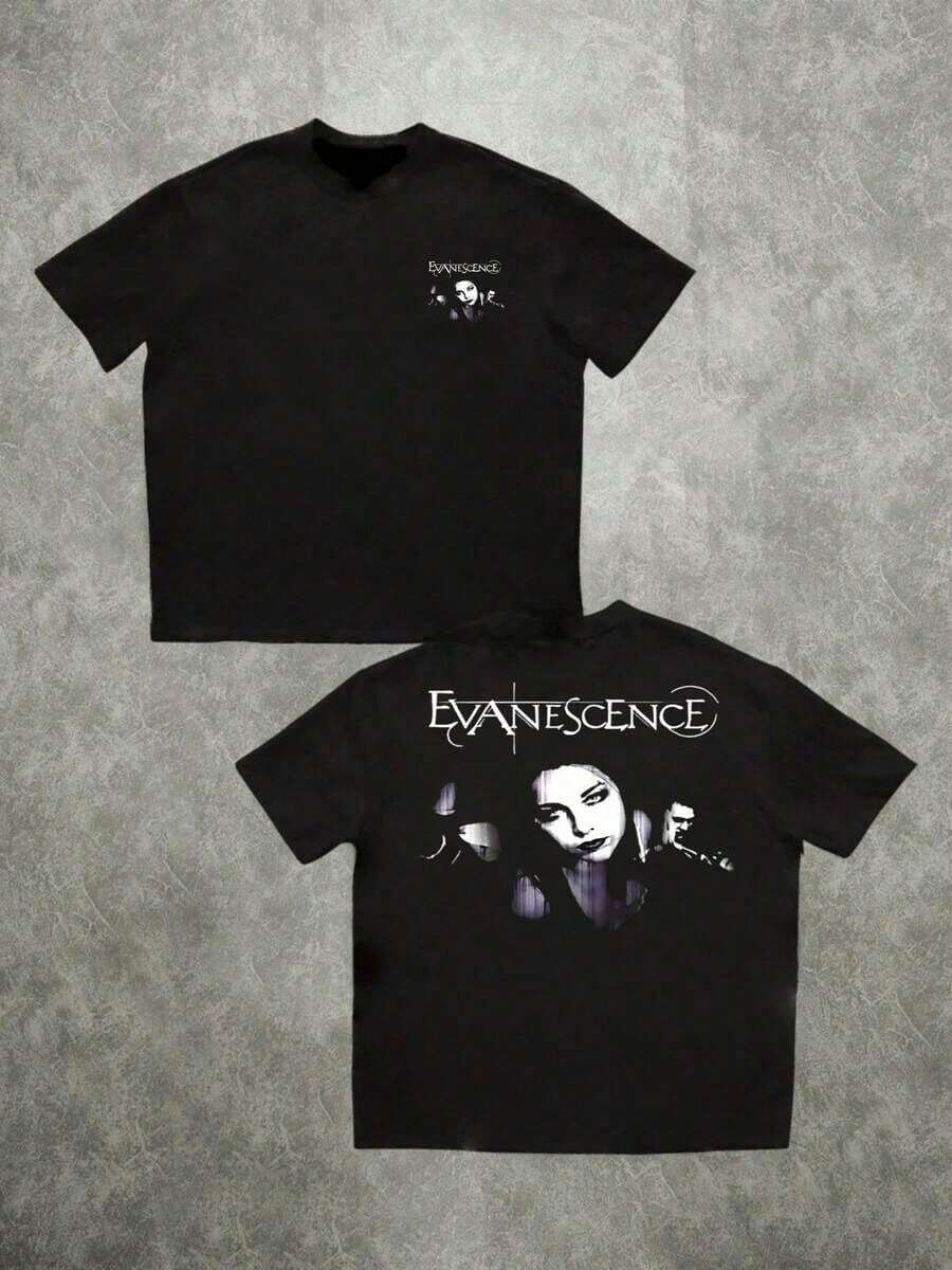 Camiseta de manga corta con estampado digital de doble cara de la banda Evanescence, 220g, 1 pieza, talla grande, para hombre, casual, 100% algodón, estilo gótico, con gráfico de música negra. - Negro - Ver 1