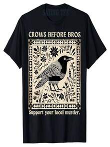 "Crows Before Bros" apoya los dise?os locales de misterio y asesinatos con camisetas retro, divertidos y humorísticos estampados de pájaros, tops y camisas de manga corta. - Negro - Ver 1