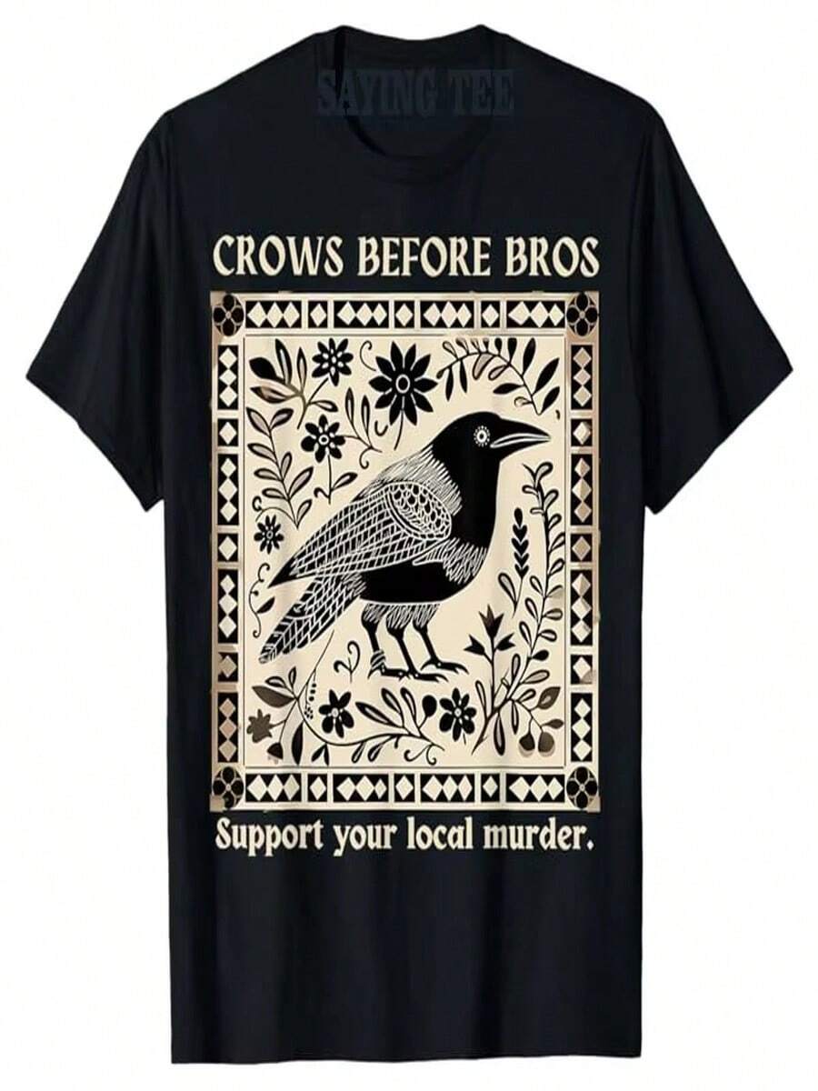 "Crows Before Bros" apoya los dise?os locales de misterio y asesinatos con camisetas retro, divertidos y humorísticos estampados de pájaros, tops y camisas de manga corta. - Negro - Ver 1