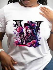 Tallas Grandes - Camiseta Gótica para Mujer - Emocionante estilo gótico de vampiro, rosas moradas, tela brillante y transpirable, disponible en tallas 0XL-5XL - Perfecta para Halloween, cosplay y ropa de calle diaria, disfraz de Halloween, estampado audaz, ajuste cómodo, top de acento, moda alternativa. - Blanco - Ver 7