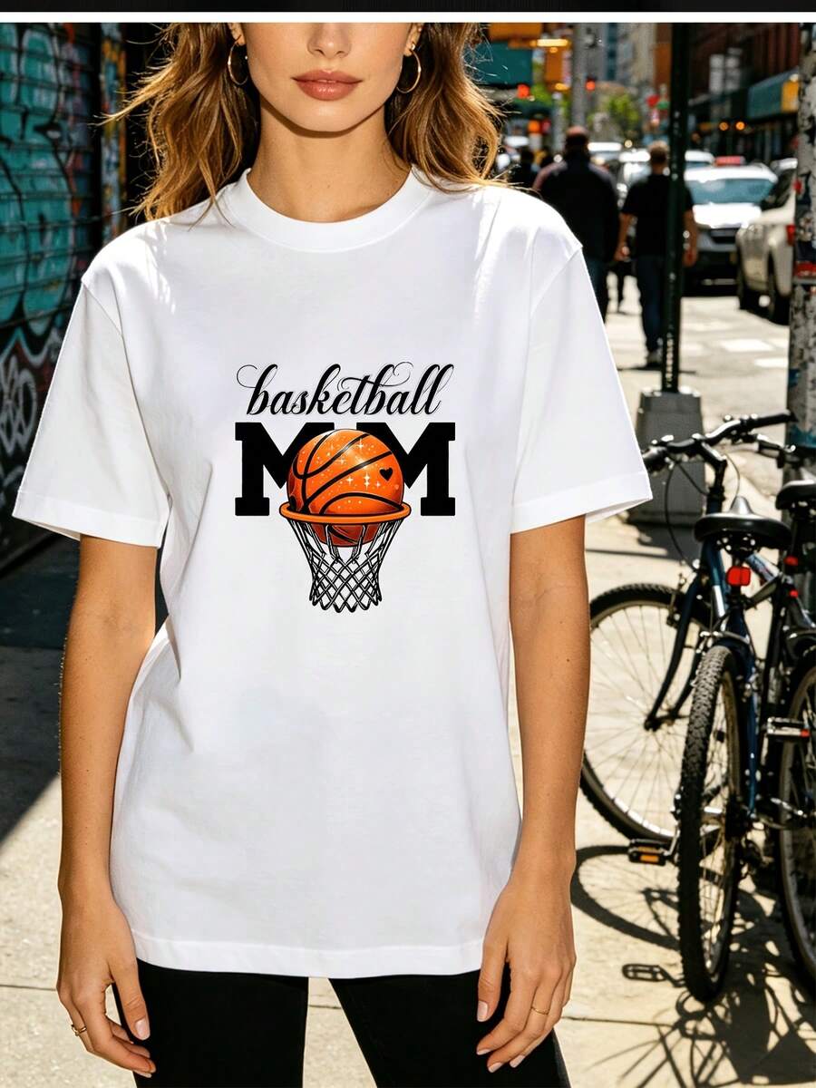 Camiseta de baloncesto suave de 180 g para mujer - Camiseta casual de manga corta con temática de baloncesto, adecuada para regalos del Día de la Madre, actividades de equipo y uso diario, ideal para primavera, verano y otoño - Camiseta lavable a máquina. - Negro - Ver 1