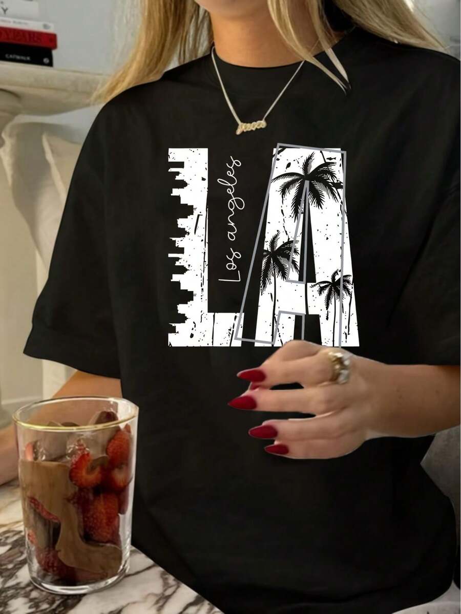 1pc Vintage Los angeles Skyline T-Shirt, 100% Polyester Crew Neck Short Sleeve Tee, Geometric Pattern Knit Fabric Top for Women, Casual Summer Fashion - Schwarz - Übersicht 1