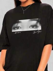 Vintage Jimin's Eyes Shirt, Kim Jimin Shirt,  Shirt, Fan,Camiseta informal de moda con estampado creativo para mujer, de manga corta y cuello redondo, para primavera y verano-Shirt Women Festive Celebration Shirt Party Wear Top - Negro - Ver 6