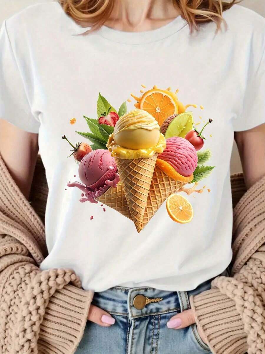 Camiseta Casual con Estampado Creativo de Helado y Fruta, Diseño para Vacaciones, Regalo, Camiseta Deportiva Casual de Cuello Redondo para Mujer, Cómoda para las Cuatro Estaciones, Ropa Elegante para Mujer, Ropa Económica y Bonita para Mujer, Ropa para Mujer con Curvas, Disfraz de Mascarada, 100% Algodón, Duradera - Blanco - Ver 1