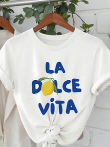 Camiseta Tide gráfico para mujer con estampado La Dolce Vita, camiseta casual de manga corta para estilo diario, parte superior de mezcla de algodón suave y cómoda, liviana y transpirable, perfecta para el verano, diseño moderno y moderno, disponible es varios tamaños, gran idea de regalo Linda decoración de limón, estilo de eslogan de vida Italiano. Moda 100% Algodón - Blanco - Ver 1