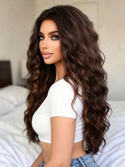 22 pouces Perruque longue bouclée brun foncé caramel avec reflets, cheveux synthétiques naturellement ondulés et moelleux, résistante à la chaleur pour un port quotidien et pour les fêtes, pour femmes