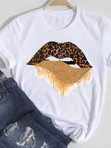 Camiseta de manga corta informal para mujer, 100% algodón, con estampado de leopardo y diseño de labios, ideal para salir, viajar y uso diario en la calle. - Blanco - Ver 7