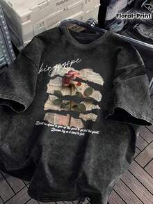 1 Piece Of Women's Short Sleeve T-Shirt, Rose Print, Vintage Distressed Wash, Letter Print, Modern Summer Style, Off Shoulders, High Quality, Thick, Oversized, Pure Cotton, Round Neck, Urban Style, Loose Fit, Hip-Hop Style, 180g, 100% Cotton. - 黑色 - 查看 11