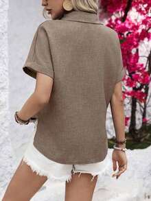 Camisa informal de mujer con cuello de H, blusas de manga corta - Caqui - Ver 2