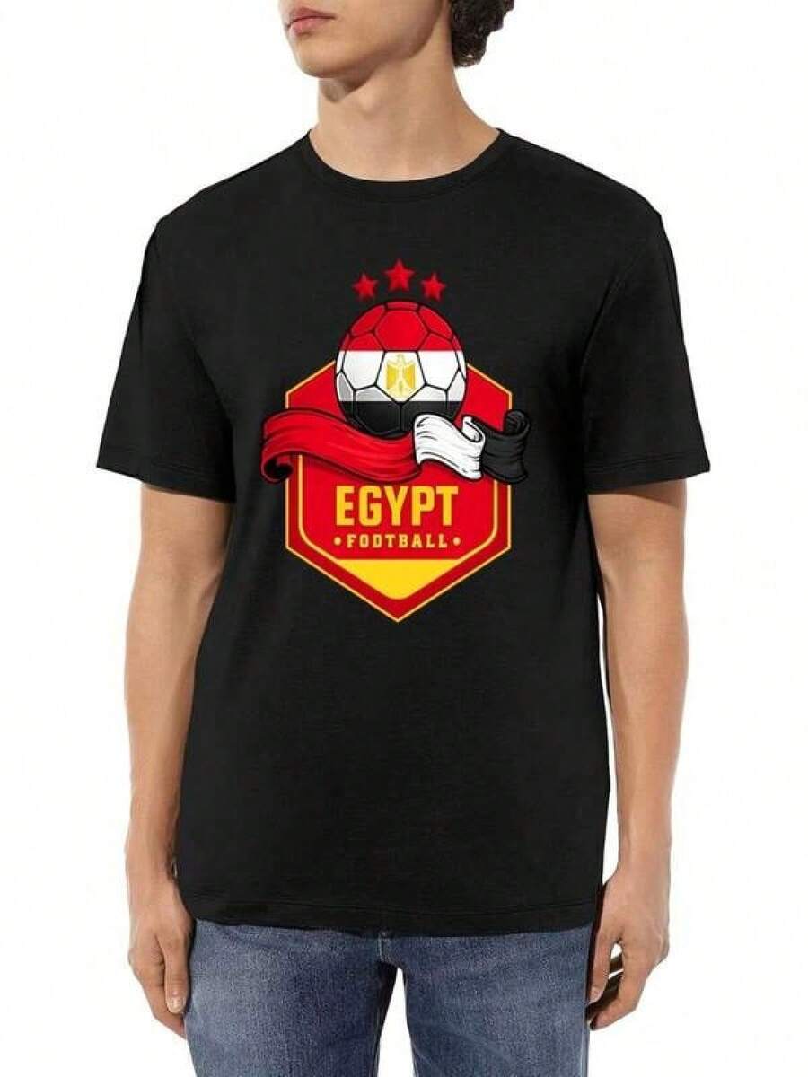 Camisetas de fútbol de la Copa Mundial de Fútbol, emblema de fútbol de Egipto, cuello redondo gráfico,Para Hombre y Mujer - Negro - Ver 1