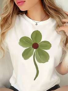 Camiseta de mujer con fondo verde y estampado de flores y corazones marrones, 100% transpirable y suave, cuello redondo, casual y sencilla, adecuada para ir al trabajo y para el tiempo libre, puede usarse como regalo para el Día de San Valentín. - Blanco - Ver 6
