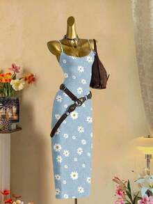 Vestido ajustado con estampado completo de margaritas blancas sobre textura mecánica azul con estilo minimalista casual, adecuado para vacaciones de verano - Multicolor - Ver 6