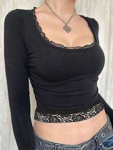 Blusa de mangas largas con cuello cuadrado, ajuste delgado y encaje de contraste primaveral - Negro - Ver 4