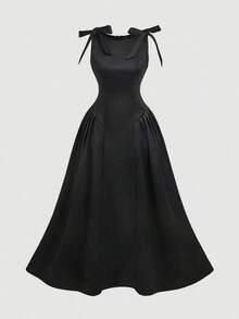 Vestido color albaricoque con cuello redondo, sin mangas, con ribete de contraste, lazo decorativo en la cintura y bajo acampanado - Negro 2 - Ver 1