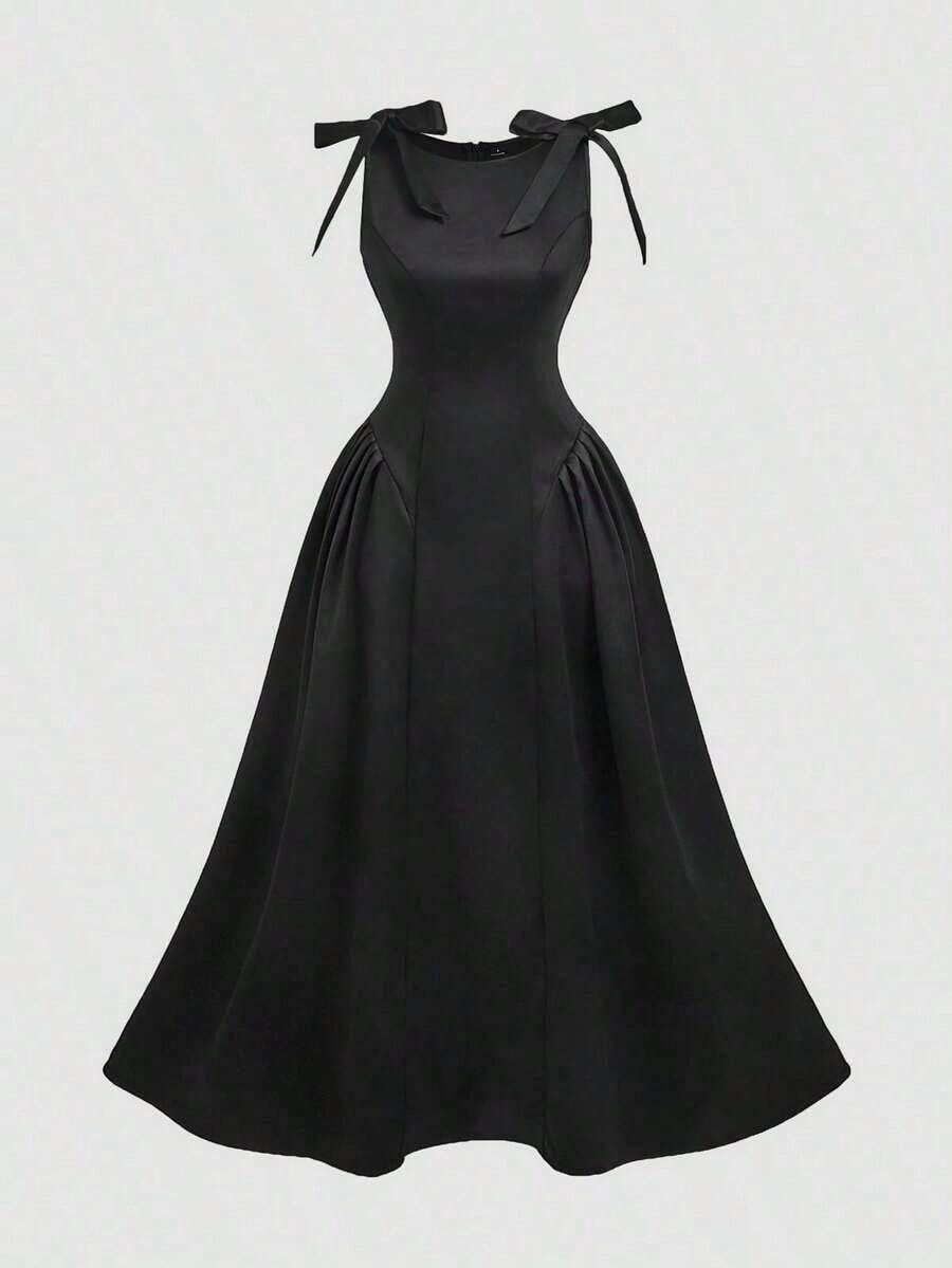 Vestido color albaricoque con cuello redondo, sin mangas, con ribete de contraste, lazo decorativo en la cintura y bajo acampanado - Negro 2 - Ver 1