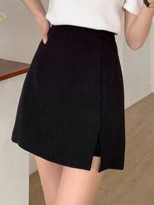 Falda-pantalón Sólido Con Raja En El Dobladillo - Negro - Ver 4