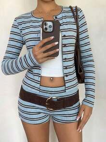 Conjunto de top de manga larga y pantalones cortos a rayas en marrón y azul, para primavera/otoño - Azul - Ver 4