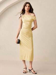 Vestido de satén con hebilla asimétrica de metal, nuevo para primavera/verano.Elegante y chic para el día a día, romántico estilo retro de los 90.Adecuado para Navidad, Año Nuevo, San Valentín, fiestas, playa, graduación, moda, carnaval, bodas, - Amarillo - Ver 2