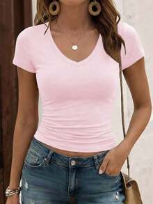 Camiseta ajustada de manga corta con cuello en V de unicolor para mujer, estilo Y2K sexy, adecuada para uso diario casual, blanco verano - Rosa - Ver 6