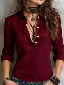1 pieza Blusa elegante de unicolor de diseño de doble capa de poliéster para mujer, adecuada para vacaciones, uso diario, oficina y uso en el hogar en primavera/verano, color negro - Burdeos - Ver 5