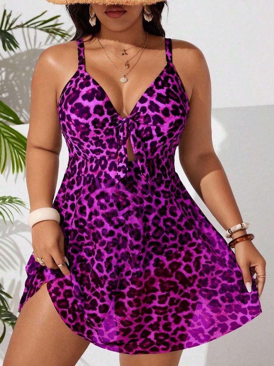 2026 Traje de baño de una pieza con efecto estilizante para tallas grandes| Estampado de leopardo clásico de estilo retro salvaje| Escote en V con lazo ajustable en la parte delantera para realzar el busto| Abertura frontal + dobladillo d - Rosa Fucsia - Ver 1