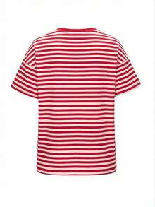 Camiseta casual de mujer  de cuello redondo holgado, camiseta de manga corta de ajuste ceñido con parches a rayas minimalista, adecuada para primavera/verano, ideal para el Día de San Valentín - Rojo - Ver 4
