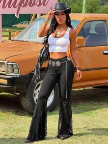 Pantalones acampanados de cintura elástica con encaje de unicolor para mujer - Negro 4 - Ver 4