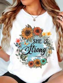 Women's Short-Sleeved Crew Neck T-Shirt, Floral Design "She Is Strong" With Sunflowers And Butterflies, Inspirational Quote From Proverbs 31:25, For Daily Wear, Casual Outfits, Yoga And Leisure Activities. - 白色 - 查看 8
