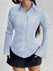 Camisa de manga larga casual a rayas que ciñe la cintura, apta para primavera/verano/otoño, tops de manga larga - Multicolor 4 - Ver 1