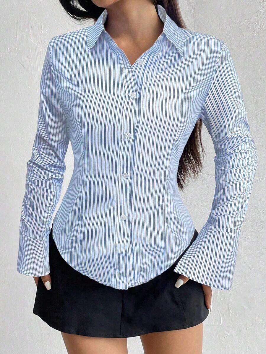 Camisa de manga larga casual a rayas que ciñe la cintura, apta para primavera/verano/otoño, tops de manga larga - Multicolor 4 - Ver 1
