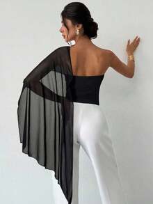 Blusa ajustada con volantes asimétricos de malla de punto con hombro asimétrico y empalme, elegante y casual, versátil, azul, adecuada para vacaciones, playa, atuendo de verano - Negro - Ver 2