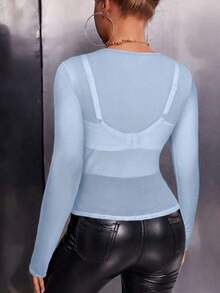 Blusa de malla transparente sin sujetador - Celeste - Ver 2