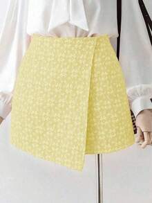 Falda pantalón elegante de unicolor con textura jacquard, para el Día de San Valentín - Amarillo claro - Ver 4