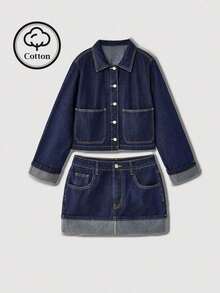 Conjunto de mujer de mezclilla azul oscuro con chaqueta de mezclilla de manga larga y falda con dobladillo plegado, nuevo estilo coreano casual de oficina para otoño e invierno, estilo Ins, abrigo de otoño de 2 piezas, conjunto de mezclilla para muj - Azul lavado oscuro - Ver 4