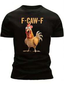Men's Short Sleeve T-Shirt With Humorous Rooster Print "F - CAW - F", Casual Crew Neck, Funny Everyday Style, Men's Clothing, Crazy Rooster Meme T-Shirt, Screaming Rooster T-Shirt, Rooster Meme Short Sleeve - 黑色 - 查看 1