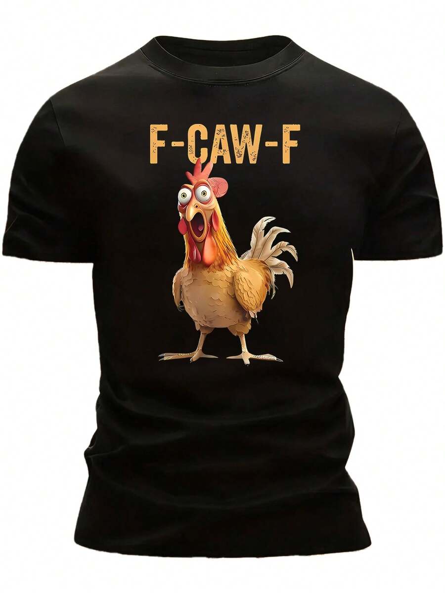 Men's Short Sleeve T-Shirt With Humorous Rooster Print "F - CAW - F", Casual Crew Neck, Funny Everyday Style, Men's Clothing, Crazy Rooster Meme T-Shirt, Screaming Rooster T-Shirt, Rooster Meme Short Sleeve - 黑色 - 查看 1