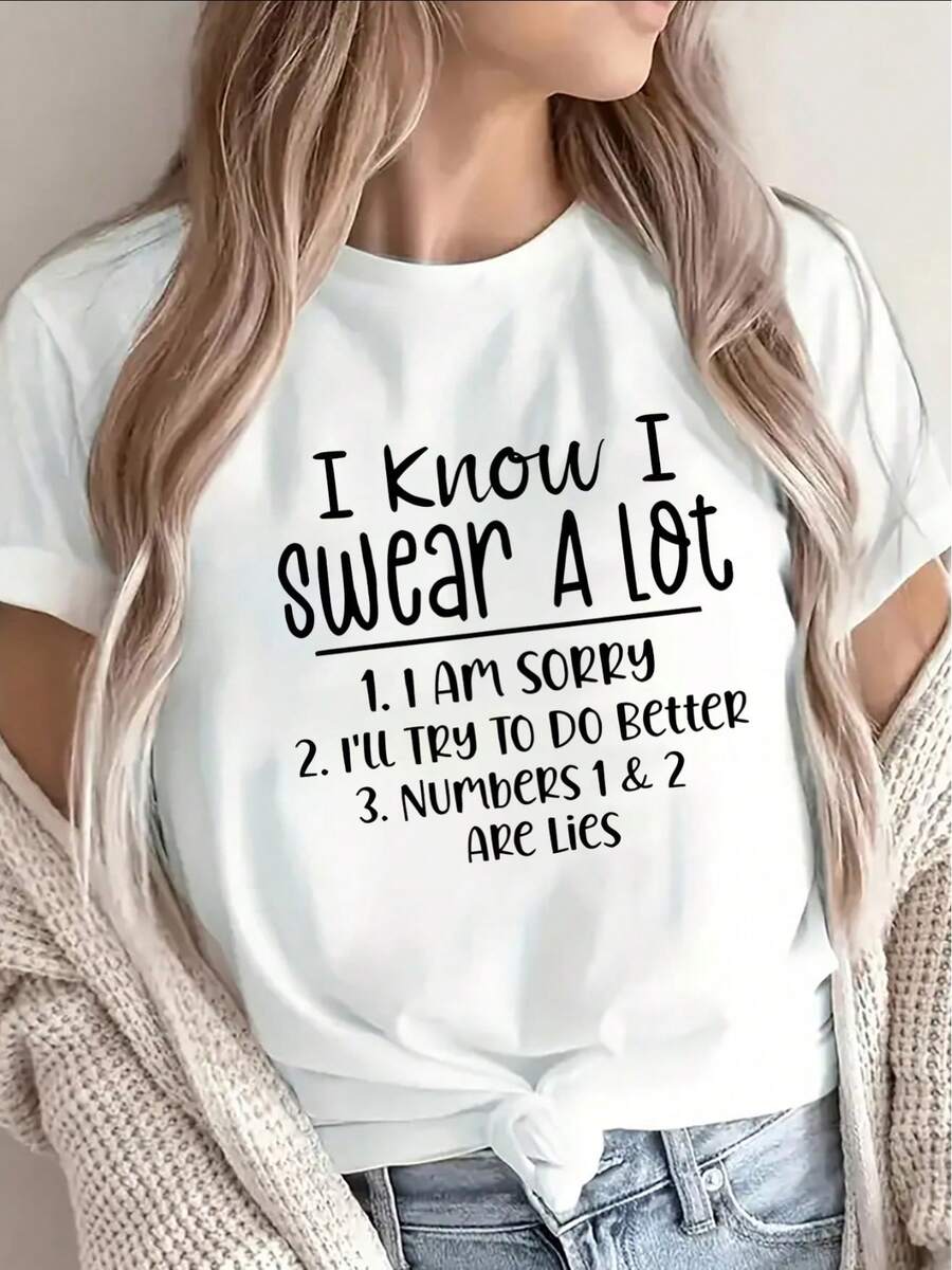 Short-Sleeved T-Shirt With The Fun Slogan "I Know I Swear A Lot." Lightweight, Durable, And Perfect For Casual Wear At Home, In A Coffee Shop, Or For Outdoor Activities. Printed On Fabric. - 白色的 - 查看 1